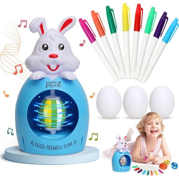 Easter Eggs Decorating Kit for Kids, DIY Painting Easter Egg Hunt Spinner Crafts, Motorized Music LED Lights Bunny Egg Toy Set, with 3 PCS Colorful Markers Plastic Eggs, Gifts for Boys Girls 3-12+