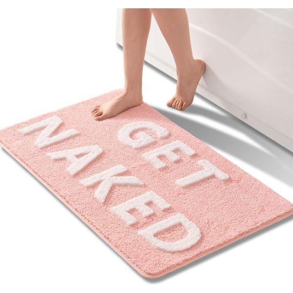 QJHOMO Get Naked Bath Mat Pink and White Bathroom Mats 60 x 90 cm, Non Slip Bath Mats for Bathroom, Colourful Letters Soft Microfiber Bathroom mat, Machine Washable Rug