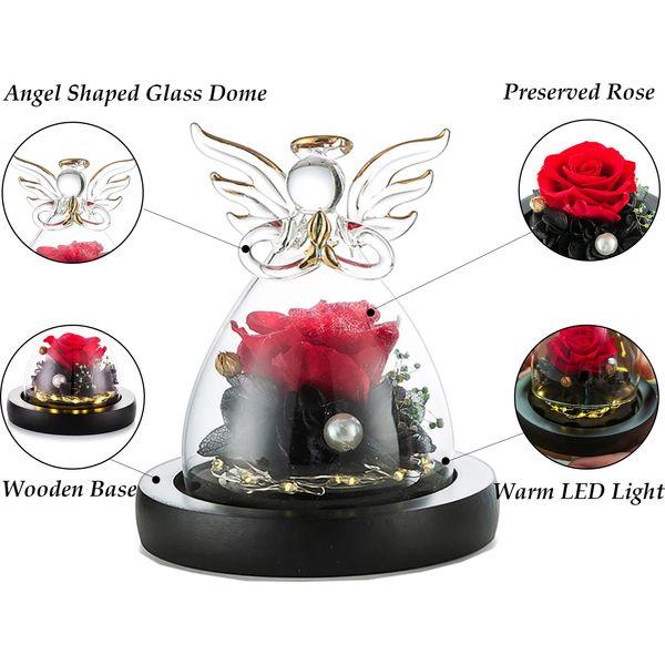 Glasseam Real Preserved Flowers, Black Eternal Rose Valentines Flowers for Her, Preserved Roses Angel Ornament with LED Light, Mum Birthday Gifts Rose Glass Gifts for Girlfriend 2