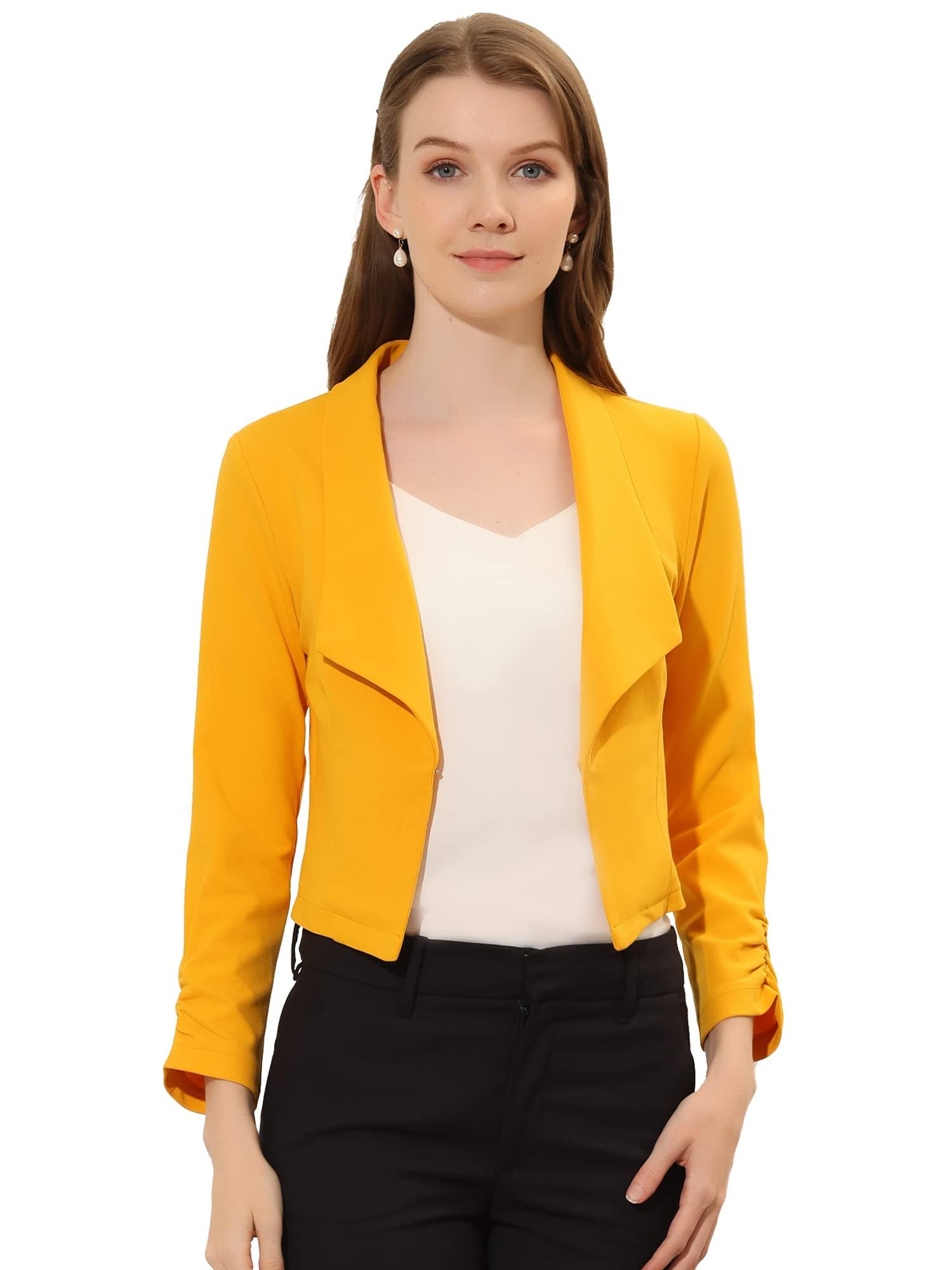 Allegra K Women's Work Office Cropped Jacket Notched Lapel Long Sleeve Open Front Short Blazer Yellow 12