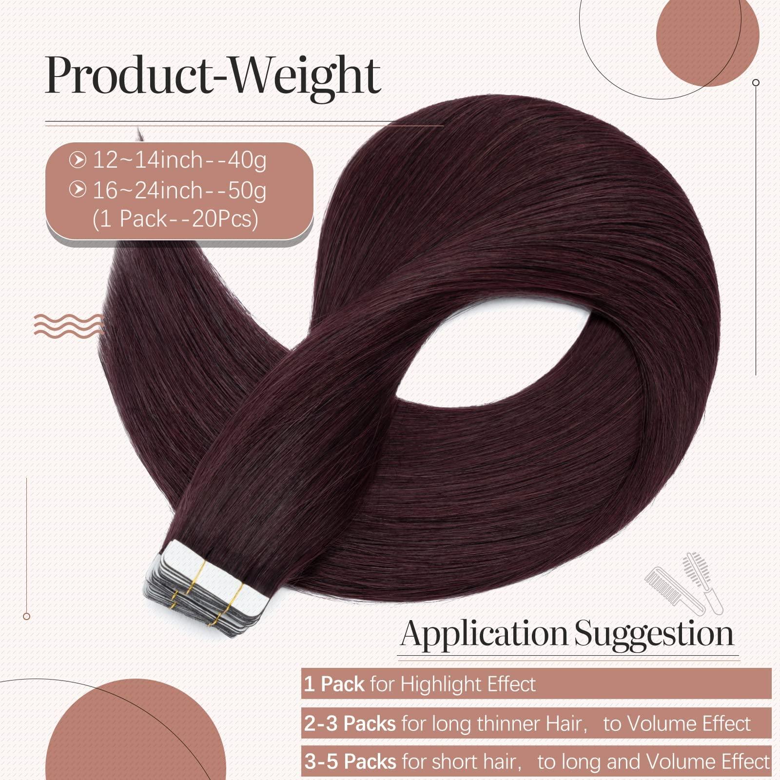 Silk-co 20pcs Tape in Hair Extensions 100% Remy Human Hair Straight Skin Weft Hair Extensions (12inch 40g, 20pcs/set, 99J Wine Red) 4