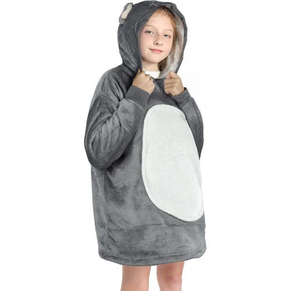 Queenshin Elephant Wearable Blanket Hoodie,Oversized Sherpa Comfy Sweatshirt for Kids Girls Boys 7-16 Years,Warm Cozy Animal Hooded Body Blanket Grey 1