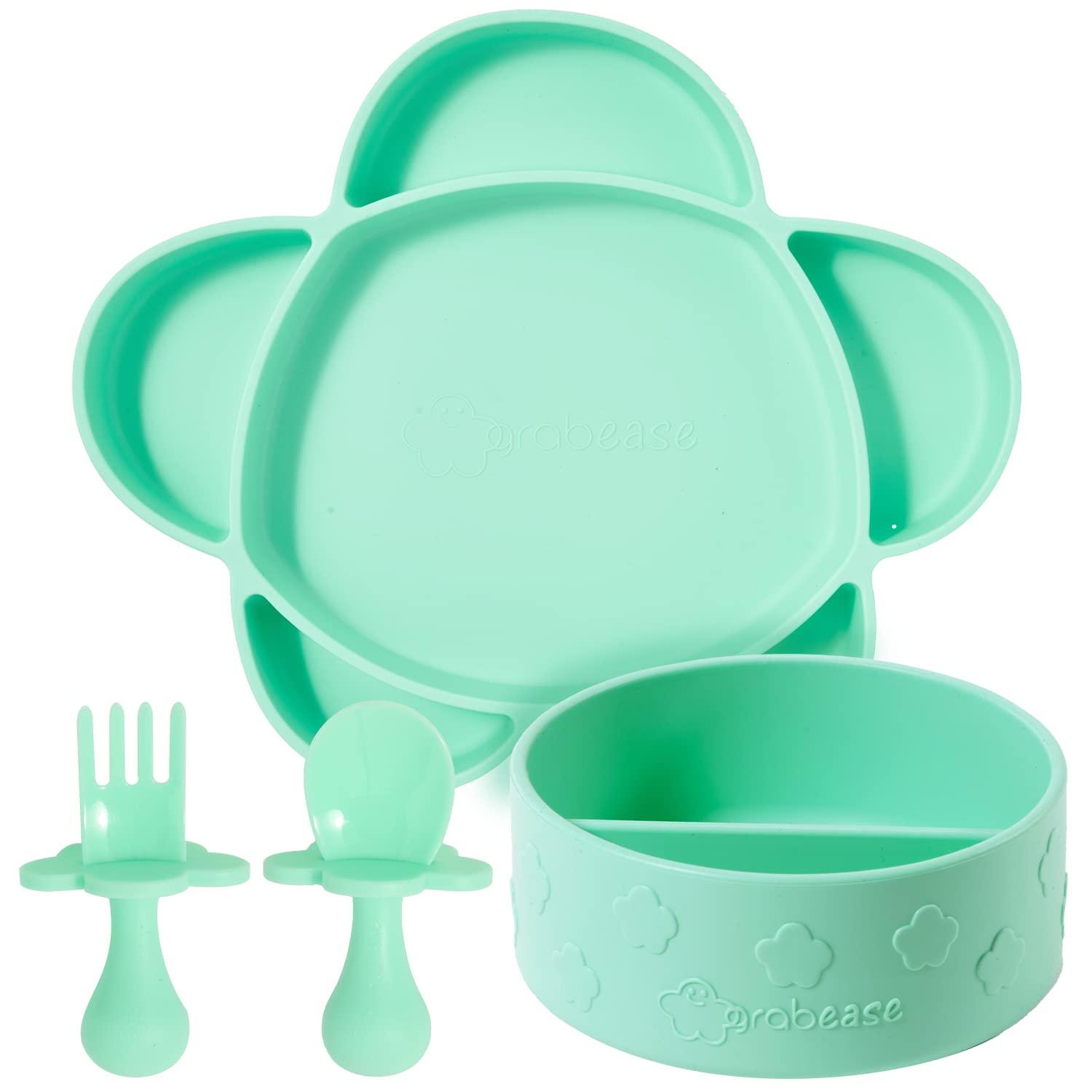 grabease Baby Feeding Set - Silicone Section Bowl, Cloud Section Plate Utensils - Mint