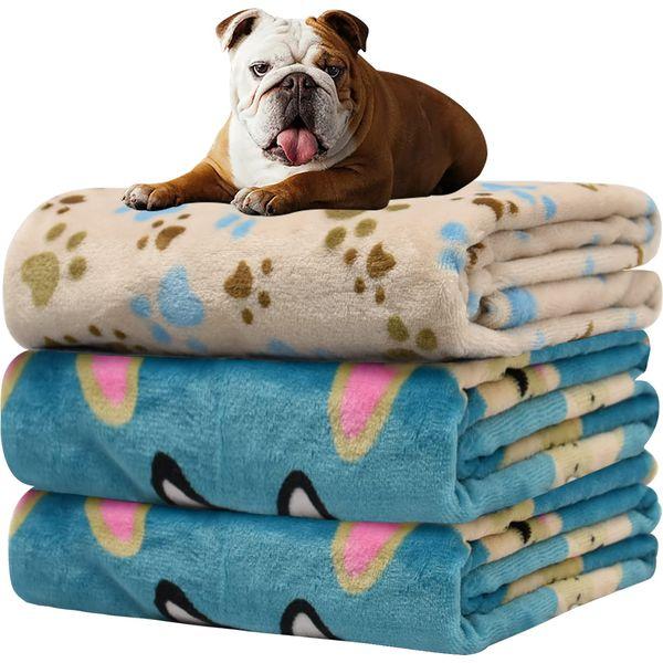Rezutan Dog Blankets Washable, Puppy Blankets, Dog Blankets, Flannel Throws for Dog Cat, kitten blanket, Fleece Dog Blanket for Sofa, Bed, Car Seat, 3 Pack(2 Blue+1 Brown), 76x52cm