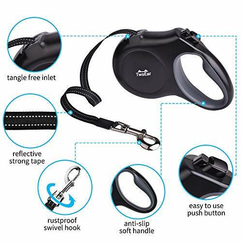 TwoEar 5m Extendable Dog Lead with Dispenser and Poop Bags for Medium Large Pet up to 50kg, Dog Leads Strong Retractable, Reflective Strong Nylon Lead, Anti-Slip Handle,Tangle-Free(Black) 2