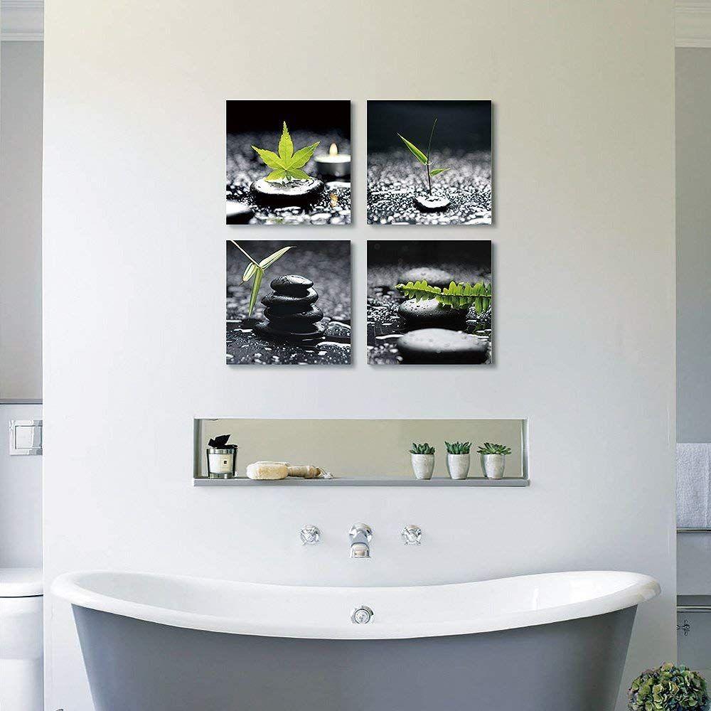 SUMGAR Bathroom Wall Art Zen Stone Canvas Pictures Black and White Artwork for Walls Lime Green Leaf Print Framed Plant Pebble Painting Nature Scenery Bedroom Decor 30x30cm Set of 4 1