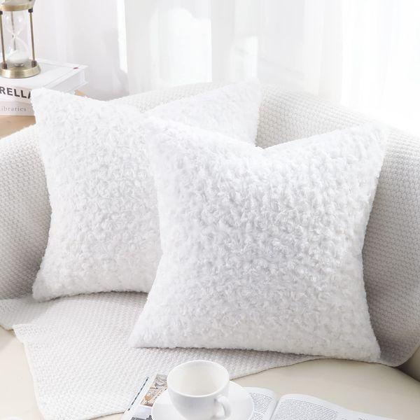 decorUhome Set of 2 Fur Cushion Covers Decorative Faux Fur Plush Fluffy Square Neutral Pillow Case for Sofa, Pure White, 20 x 20 inch/50x50cm