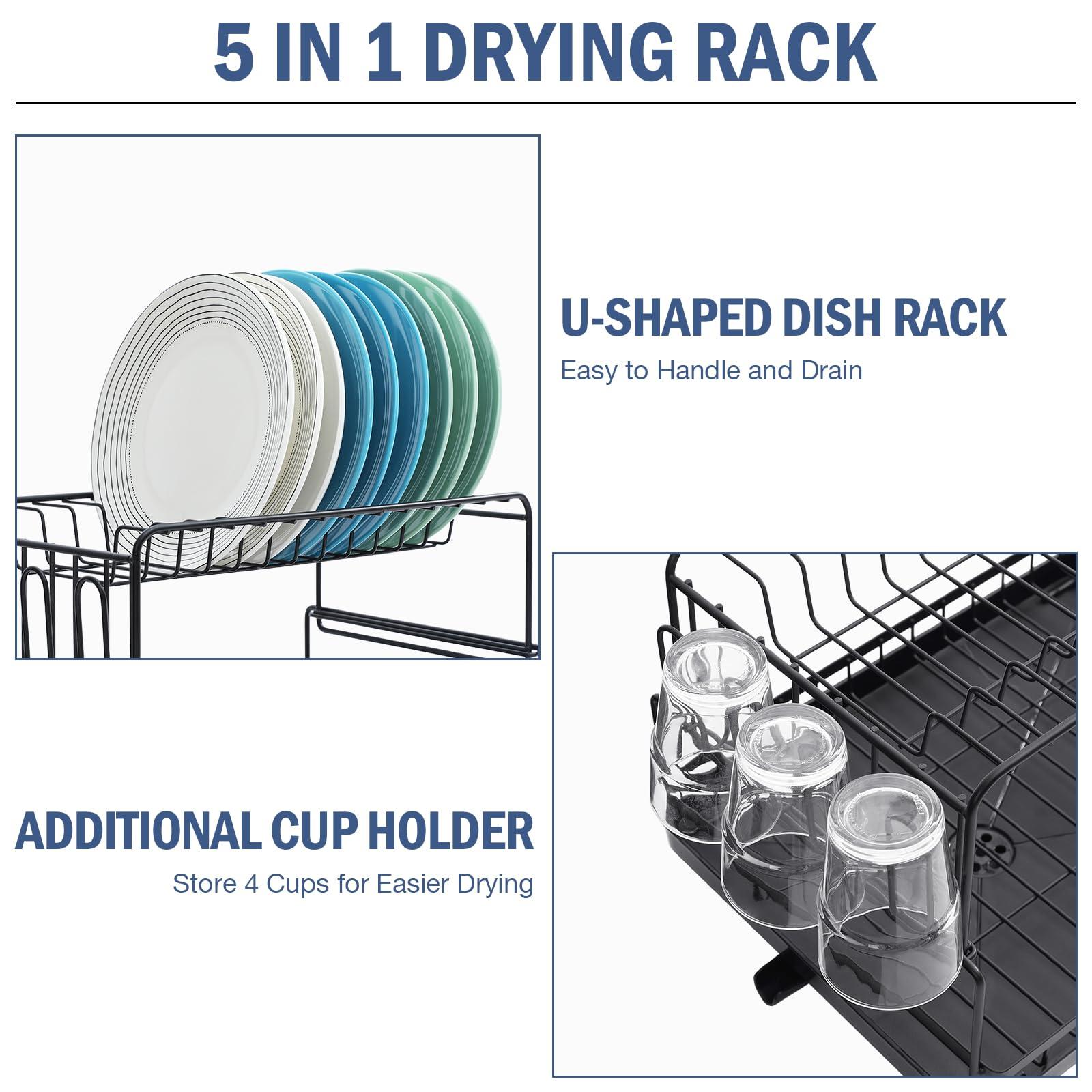 KINGRACK Compact Dish Drying Rack - Dish Drainer with Drip Tray, Durable and Multifunctional Kitchen Drying Rack with 270° Swivel Spout, Sink Dish Rack with Utensil Holder and Cup Rack 2