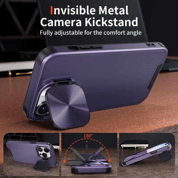 Buysing for iPhone 15 Pro Max Case with Camera Cover Stand [with Screen Protector] Invisible Metal Kickstand Military Grade Hard Matte Shockproof Phone Case 6.7"-Dark Purple 2
