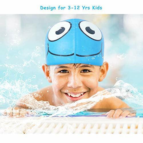 Superpop Kids Swim Caps Set, Soft Silicone Character Goldfish Swimming Cap Leakproof Swim Caps, Anti Fog, UV Protection Swim Goggles for Youths, Toddlers, Girls, Boys, Teenagers (Blue Set) 2