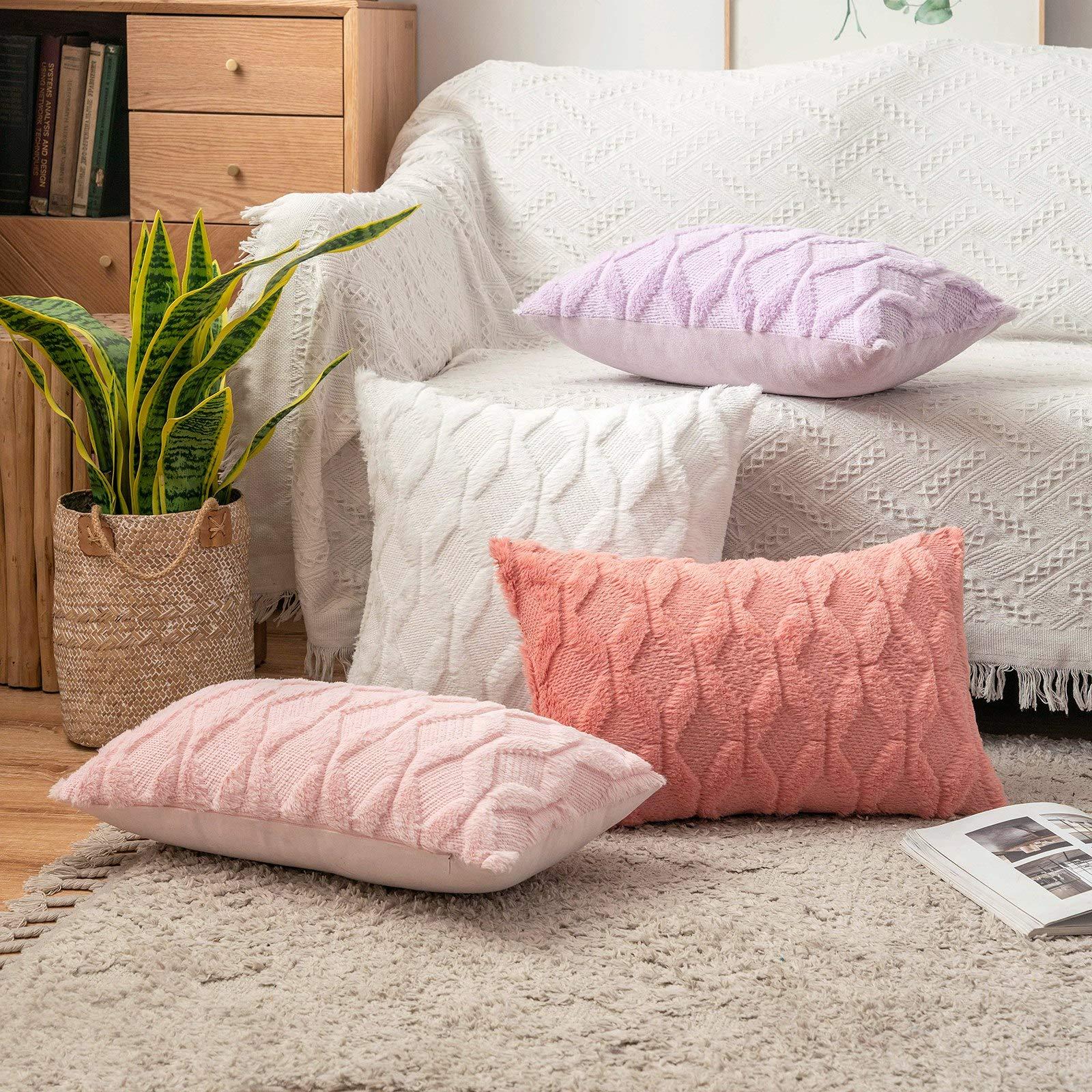 MIULEE Pack of 2 Cushion Covers Fluffy Plush Pillowcase Wool Throw Pillow Case Decorative Throw Pillow Cover Elegant With Plush Home for Sofa Bedroom Living Room 30 x 50cm 12 x 20 Inch Coral red 4