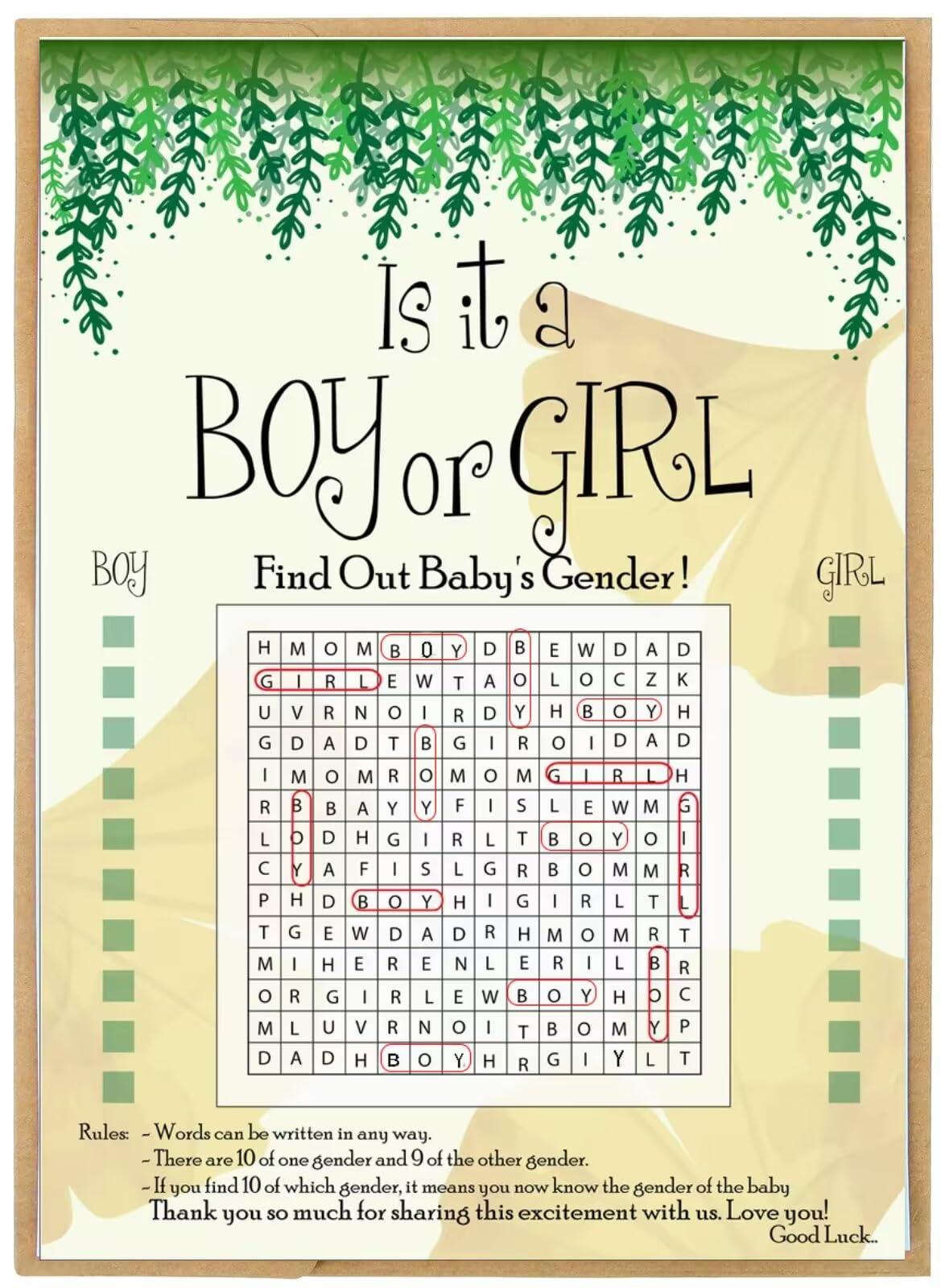 CJ&M Baby Gender Reveal Word Search Game - Gender Reveal Party Game - Gender Reveal Ideas - Word Search Game - Boy or Girl - Gender announcement (Boy)