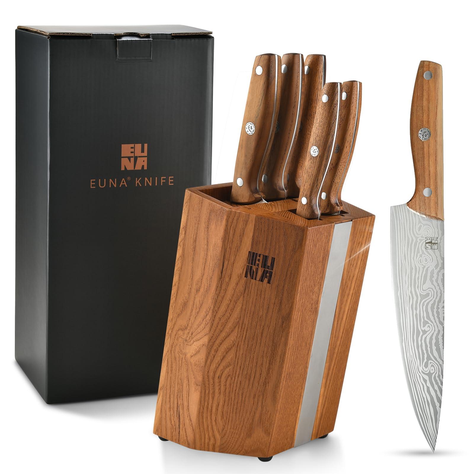 Knife Set with Block, 7 Pieces Knife Block Set, EUNA Kitchen Knives with Wooden Handle, Stainless Steel 6 Knives，(Paring, Utility, Carving, Bread, Chef Knife，Santoku) &Universal Wooden Knife Holder