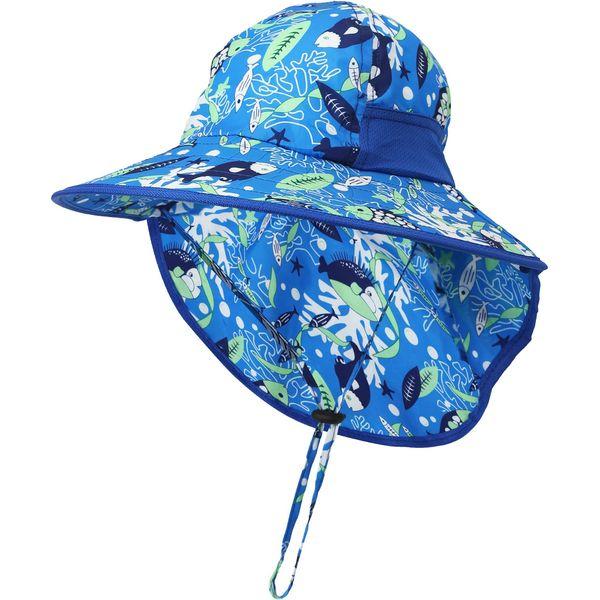 GLAITC Sun Hat Kids, Summer Cap with Neck Flap Adjustable Girls Boys Sun Hat UV Protection Beach Hat with Chin Straps Wide Brim Summer Visor Cap for Baby Toddler and Kids, 3-10 Years (Blue)