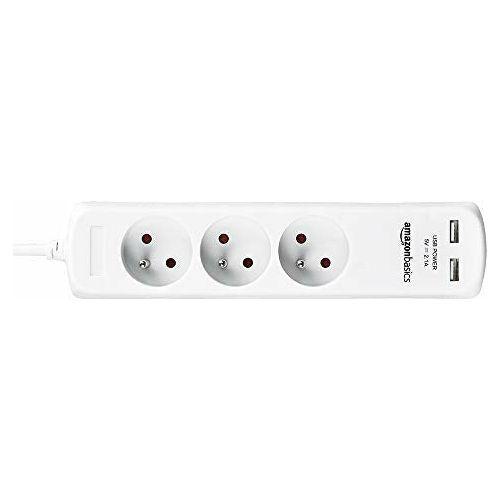 Amazon Basics Three Socket Extension Lead with 2 USB Charging Ports, 2 Metre, White 1