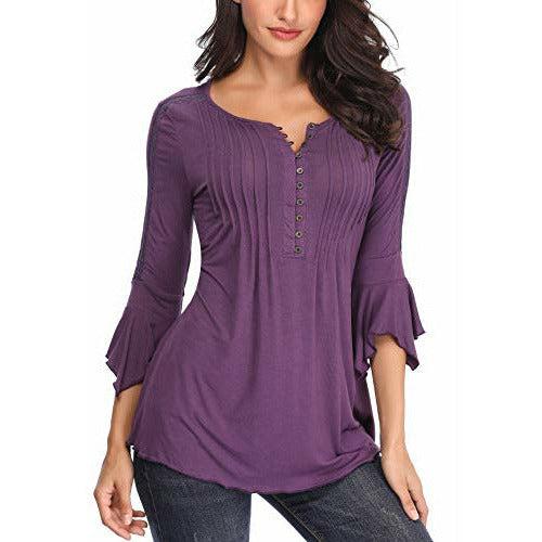 MISS MOLY Women's Henly Shirt Lace 3/4 Bell Sleeve Blouse Tunic Tops Elegant Purple X-Small