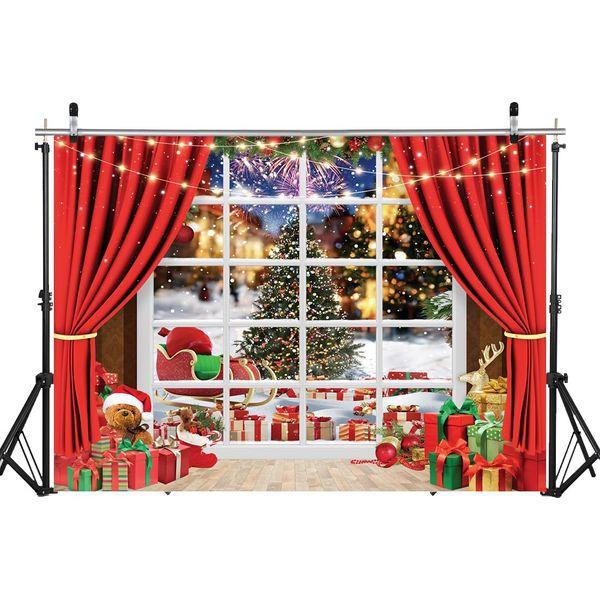 LYWYGG 10x10FT Christmas Backdrop Christmas Tree Gift Box Decoration Red Curtain Window Snowflake Christmas Pendant Wooden Door Snowflake Backdrop Photo Studio Backdrop CP-465-1010 0