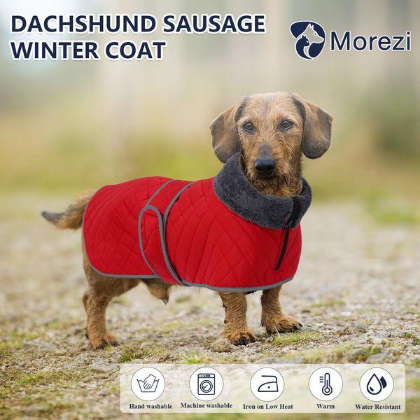 Dachshund dog coats sausage jacket perfect for dachshunds, corgi, weiner, dog winter coat with padded fleece lining and high collar, dog snowsuit with adjustable bands - Red - XLarge 1