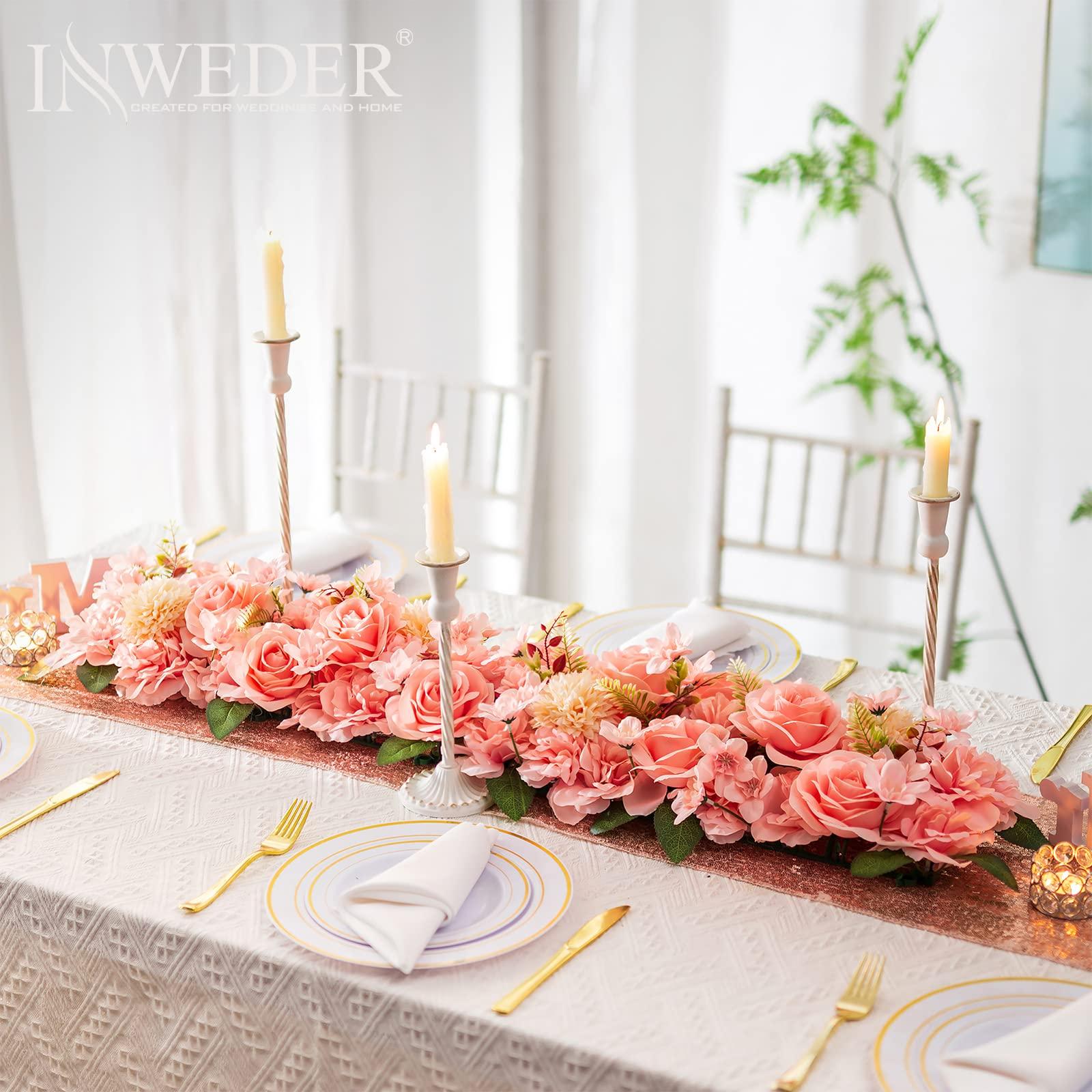 Inweder Pink Roses Artificial Flowers for Decoration 4 Pcs Flowers Panels for Table Centrepieces Decorative Fake Flowers with Plastic Base Faux Silk Flowers for Wedding Table Runner Home Decor 1