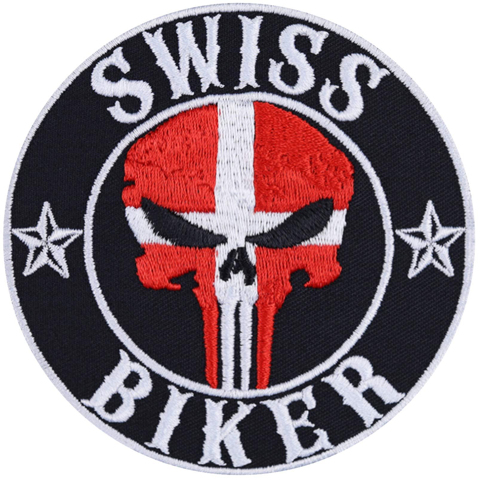 Swiss Biker - Switzerland Flag Skull Embroidered Iron on Patches for Motorcycle Riders, Bikers | Swiss Sew on Country Flag Applique Patches for for All Fabrics | 90X90 mm