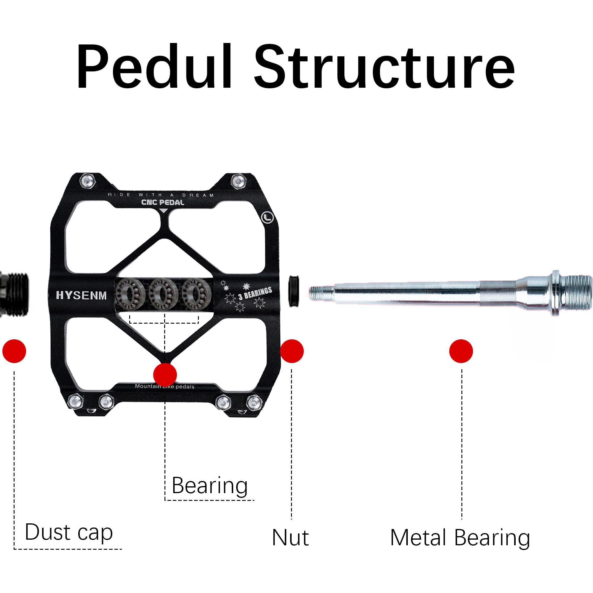 HYSENM Bike Pedals, Aluminum Mountain Bike Pedals 9/16 Inch 3 Bearing Cycling Bicycle Pedals for Road Bike, MTB, BMX, Wide Paltform Flat Pedals 1