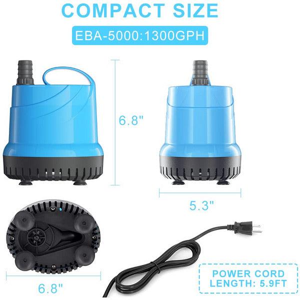 5000L/H Submersible Water Pump for Pool Pond,1300GPH Ultra Quiet Water Pump with 16.4ft. High Lift, 125W Fountain Pump 3 Hose Adapter for Fish Tank, Pond, Aquarium, Statuary, Hydroponics, Hottub 1