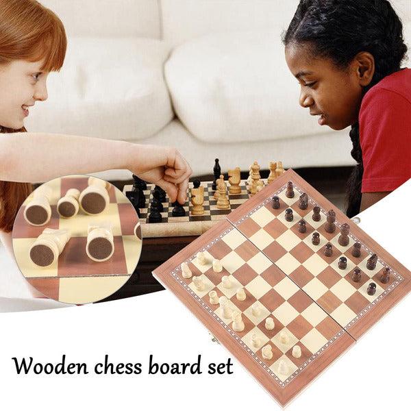 Homemari Wooden Chess Set, 3 in 1 Travel Chess Set and Draughts Board Game, Large Size Chess Checkers Game Set for Children, Adults 4