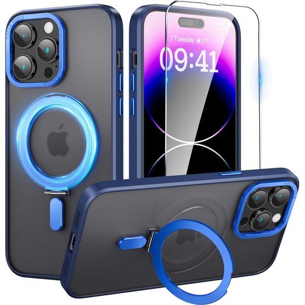 Tzomsze [3 in 1 Magnetic Case for iPhone 14 Pro Max Case [Compatible with MagSafe] [Built-in Invisible Stand] 1 Screen Protector + 1 Camera Lens Protector Translucent Matte Case 6.7" (Blue) 0
