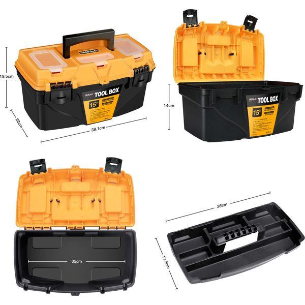 AIRAJ PRO Waterproof Toolbox Storage,15"Plastic Tool Box With Removable Tray,3 Transparent Storage Room,2 Hard Plastic Clips,Tool Storage Box for Household Tools,Toys,Decorations and Stationery 1