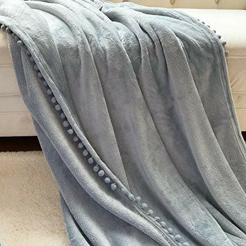 LOMAO Pom Pom Throw Blanket , Soft Fleece Pompom Fringe Blanket for Couch Bed Sofa | Decorative Cozy Plush Warm Flannel Velvet Tassel Flannel Blanket (Grey, 150*200) 2