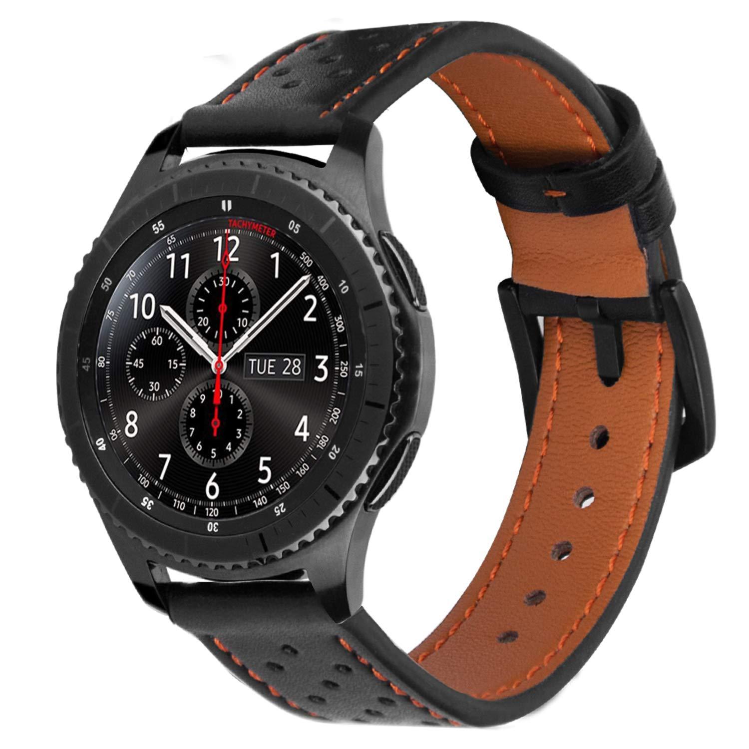 iBazal Gear S3 Frontier Classic Straps Leather Wrist Bands 22mm Replacement Bracelets Compatible with Samsung Galaxy Watch 3 45mm/Galaxy 46mm,Huawei GT/2 Classic,Ticwatch Pro Mens - Black/Orange 0