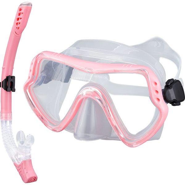 SixYard Dry Snorkel Set for Women And Men, Anti-Fog Tempered Glass Scuba Diving Mask, Panoramic Wide View Swimming Goggle, Easy Breathing and Professional Snorkeling Gear for Adults (Pink)