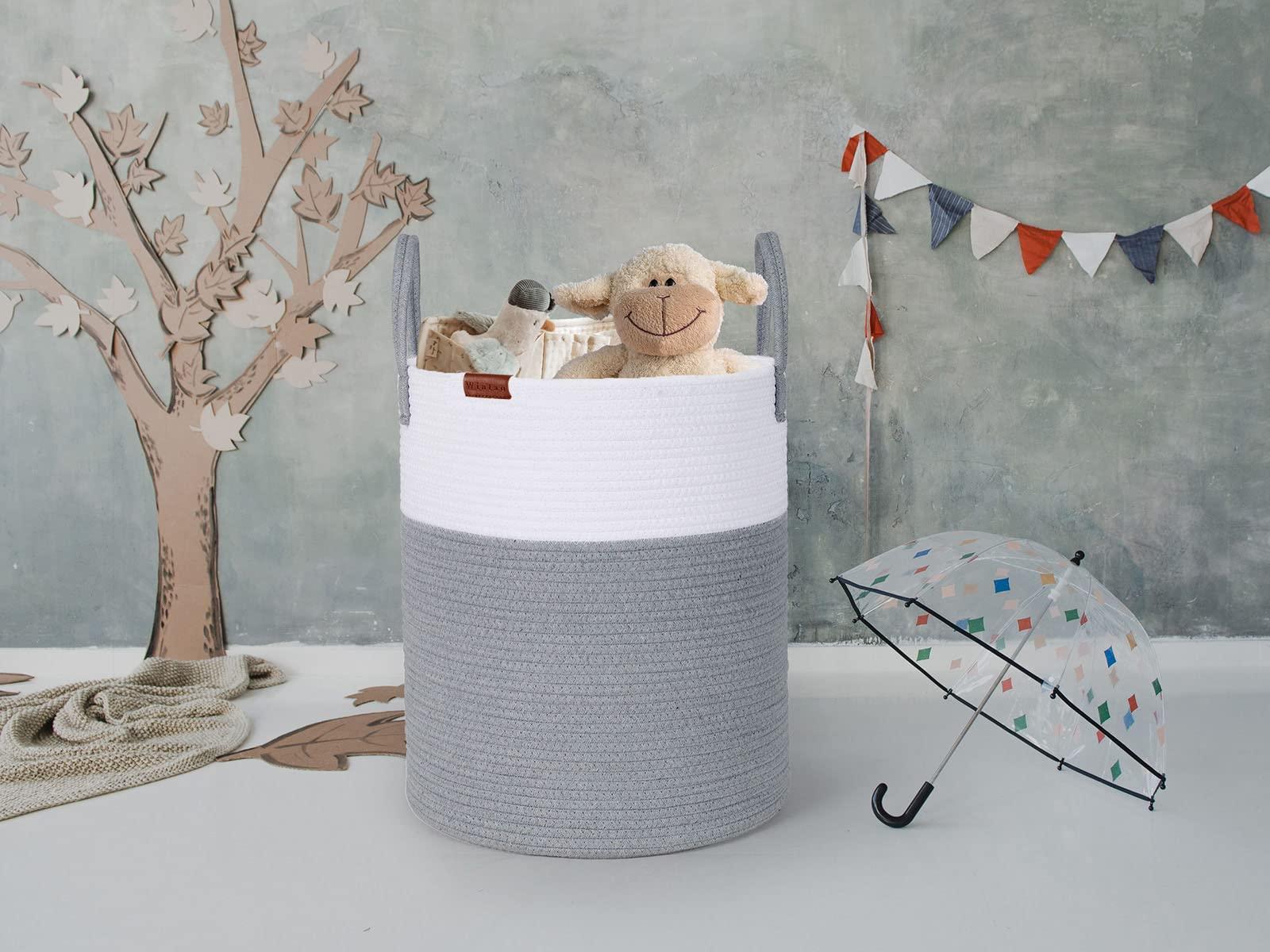 Wintao Storage Basket, Woven Baby Washing Basket Cotton Rope Laundry Hamper Toy Storage Grey Tall & Large 40 x 45 cm 3