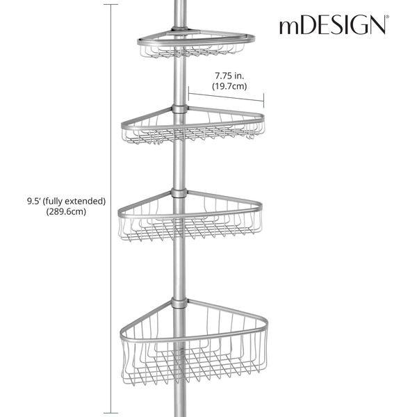 mDesign Telescopic Shower Organiser - Steel Shower Organiser - No Drill Corner Shower Shelves with Towel Bar & Hooks - Ideal for Shampoo, Razors & Other Accessories - Silver 3