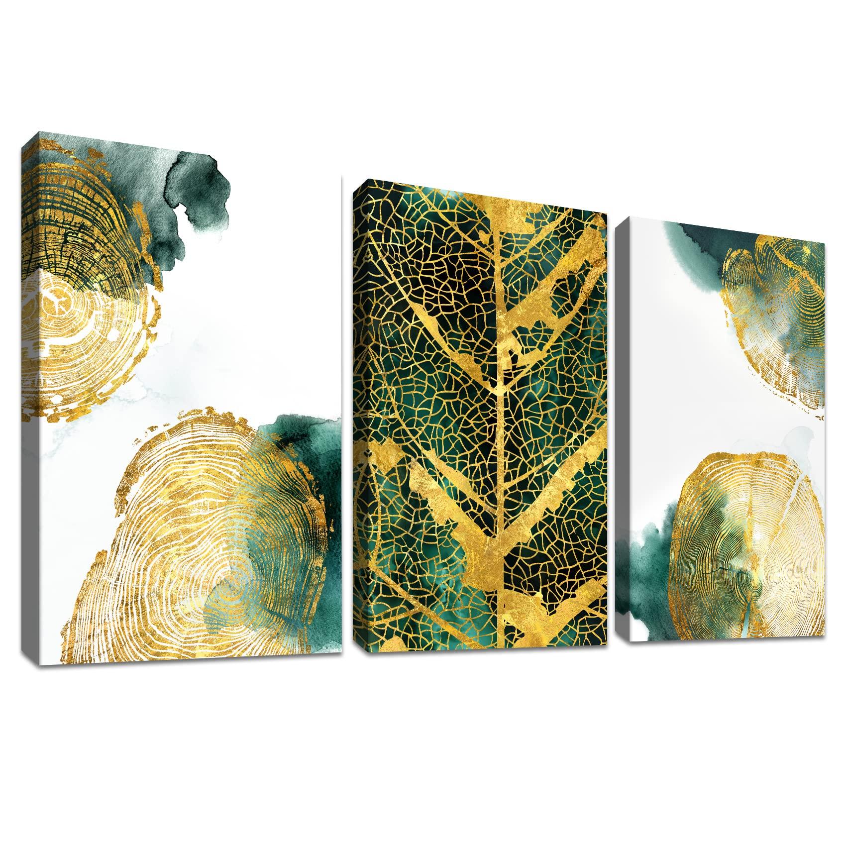 3 Panels Wooden Framed Canvas Wall Art Tree Golden Annual Rings Canvas Prints Tree Trunk Leaves Picture Painting Hallway Stairs Bedroom Living Room Wall Decor Ready To Hang 90x40cm(12"x16"x3pcs)