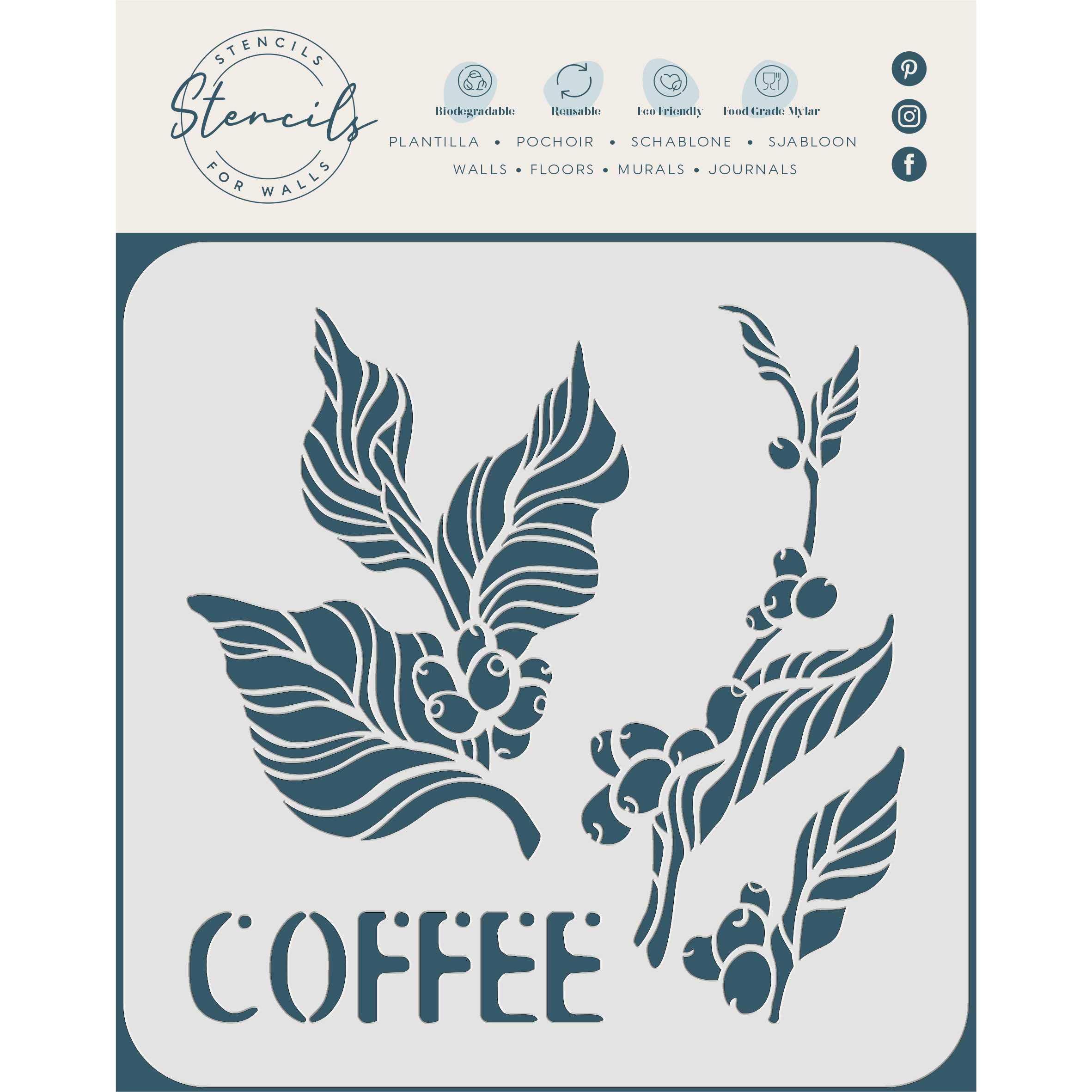 Coffee Stencil, 33 x 33 cm (L) - Coffee Bean Plant Word Art Stencils for Painting Template