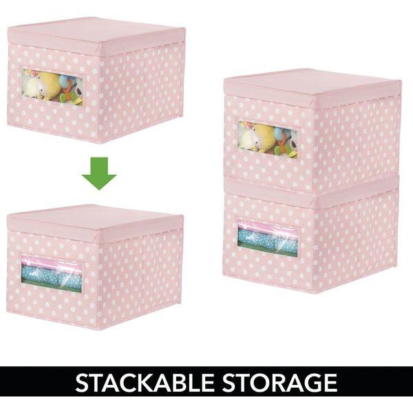 mDesign Set of 4 Stackable Storage Box - Fabric Wardrobe Organiser for Nursery and Child's Bedroom - Storage Cube with Hinged Lid and Viewing Window - Pink/White 3