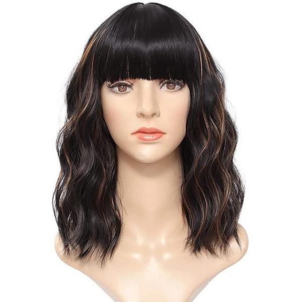 ColorfulPanda Short Bob Wigs for Women Black mixed Brown Highlight Curly Wavy Wigs with Bangs Natural Heat Resistant Fiber for Daily Use and Cosplay 14" 2