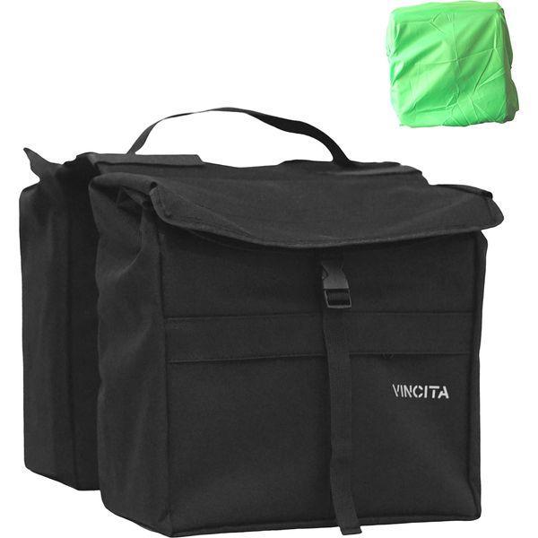Vincita Top Load Double Pannier Water Resistant Cycling Side Bags - with Rain Cover, Large, Carrying Handle, Reflective Spots - - (Black)