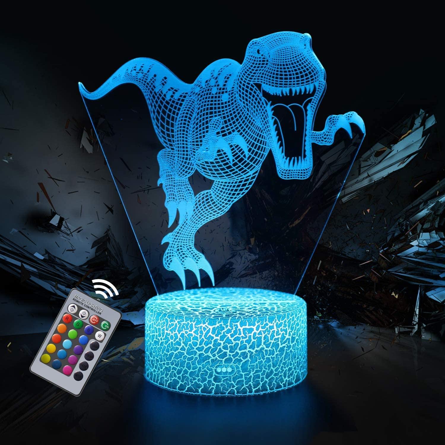 Dinosaur Night Light for Kids, Dinosaur Toys for Boys, 3D Optical Illusion Lamp, 16 Colour Changing Night Lamp with Remote Control Bedside Lamp, Birthday Gifts for Children and Adult