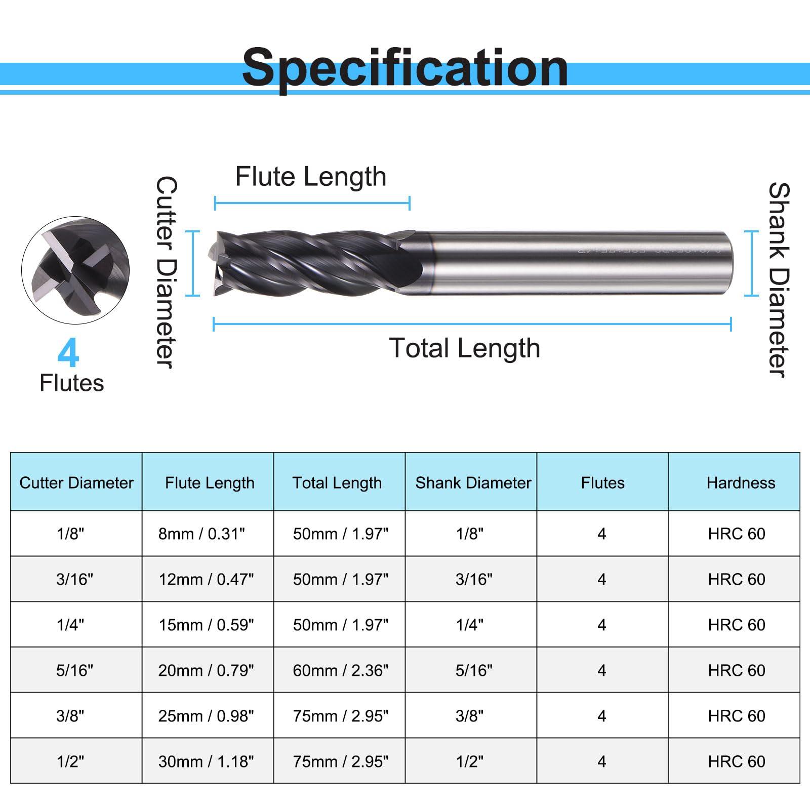 sourcing map Square End Mills Set(6pcs) HRC 60 4 Flutes AlTiN Coating Tungsten Steel Carbide Mill Bit for Hardened Steels 1