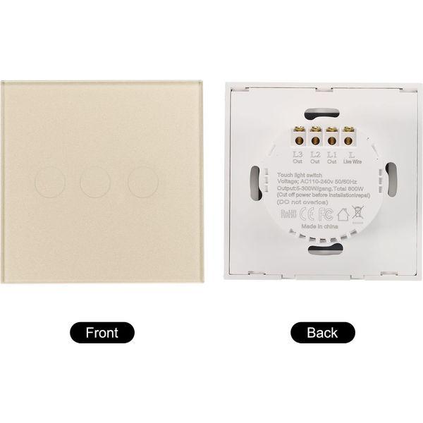 sourcing map Touch Light Switch 3 Gang 1 Way Tempered Glass Panel Gold Tone No Neutral Wire 86mmx86mm Pack of 2 2