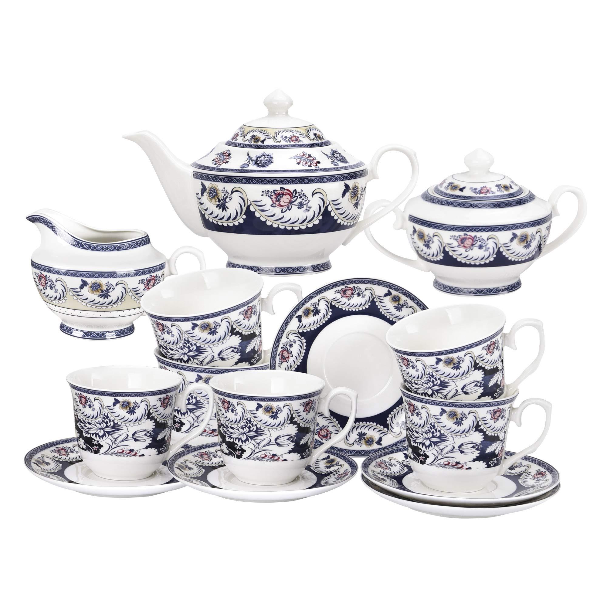 fanquare 15 Pieces Blue Vintage China Tea Set, Flora Porcelain Coffee Set, Tea Party Set for Adults 0