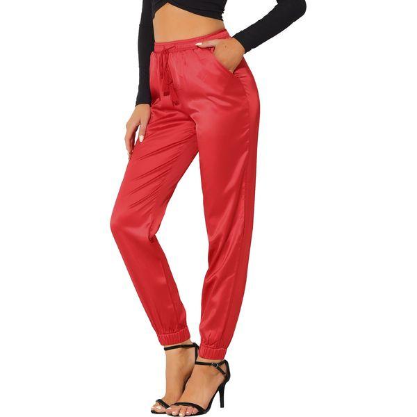Allegra K Women's Work Trousers Drawstring Elastic Waist Athleisure Track Pants Ankle Length Satin Joggers with Pocket Red M