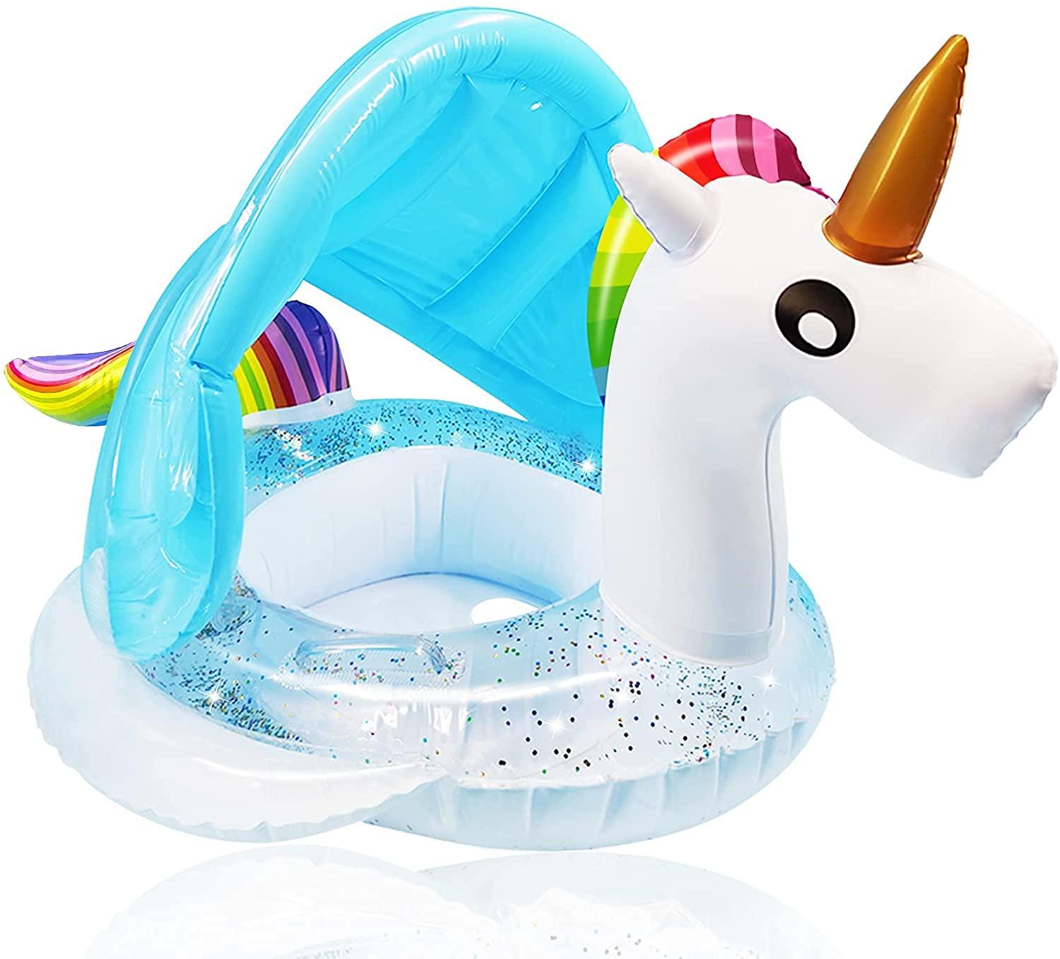 mciskin Unicorn Baby Swimming Pool Float with Canopy,Glitters Seat &Safety Handle,Summer Baby Floats for Pool, Inflatable Baby floaties for 1-3 Years Kids Family Summer Outdoor Party Favor 0