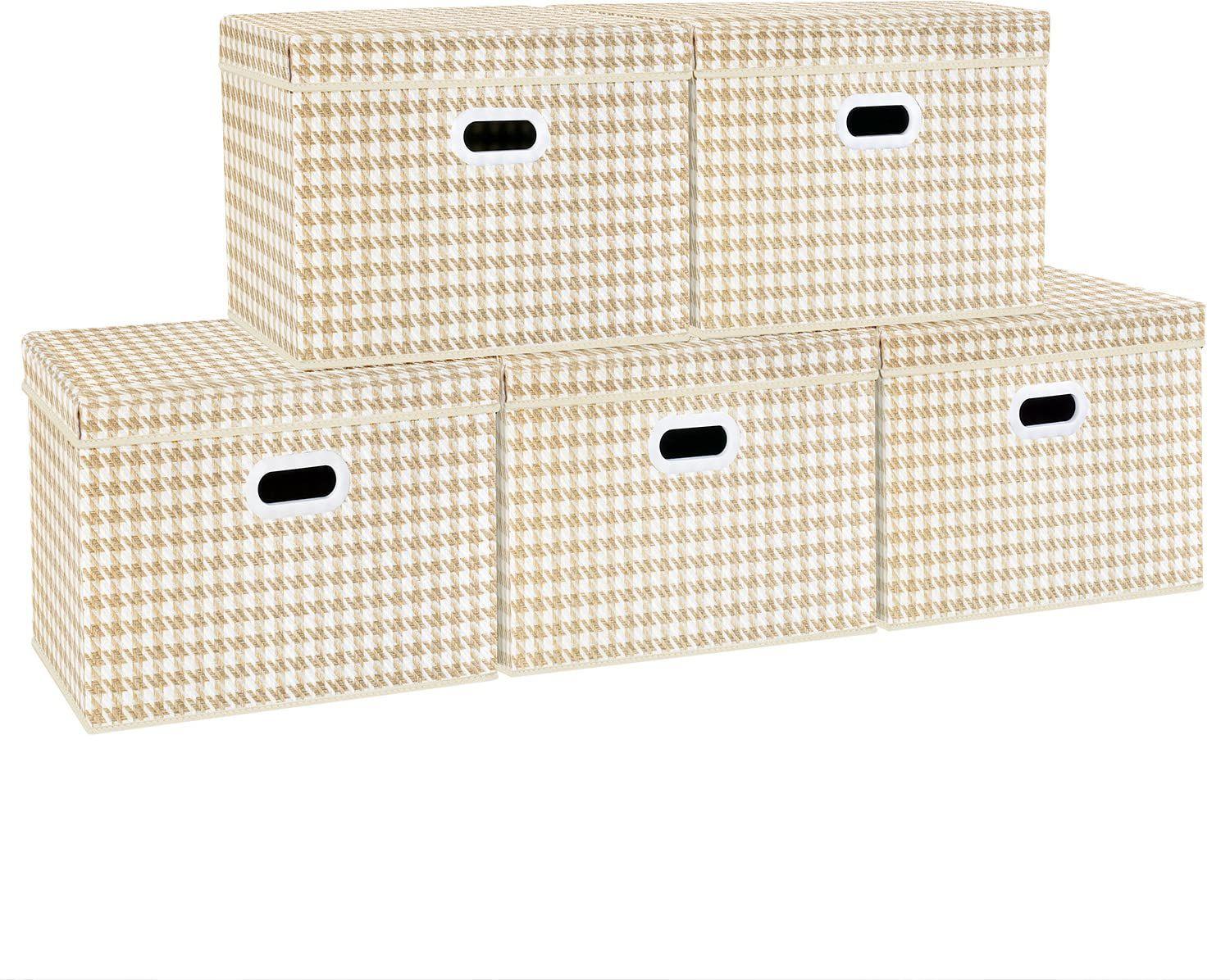 TYEERS Collapsible Large Storage Box with Lid, Patterns, Fabric Storage Box for Clothes Storage, Wardrobe Storage, 44x30x29 cm, Set of 5, Beige