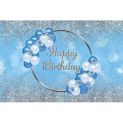 Renaiss 10x6.5ft Blue and Silver Happy Birthday Backdrop Silver Glitter Sparkle Blue White Balloon Flowers Photography Background Kid Adult Birthday Party Dessert Cake Table Decor Studio Booth Props 3