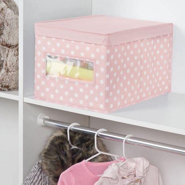 mDesign Set of 4 Stackable Storage Box - Fabric Wardrobe Organiser for Nursery and Child's Bedroom - Storage Cube with Hinged Lid and Viewing Window - Pink/White 2