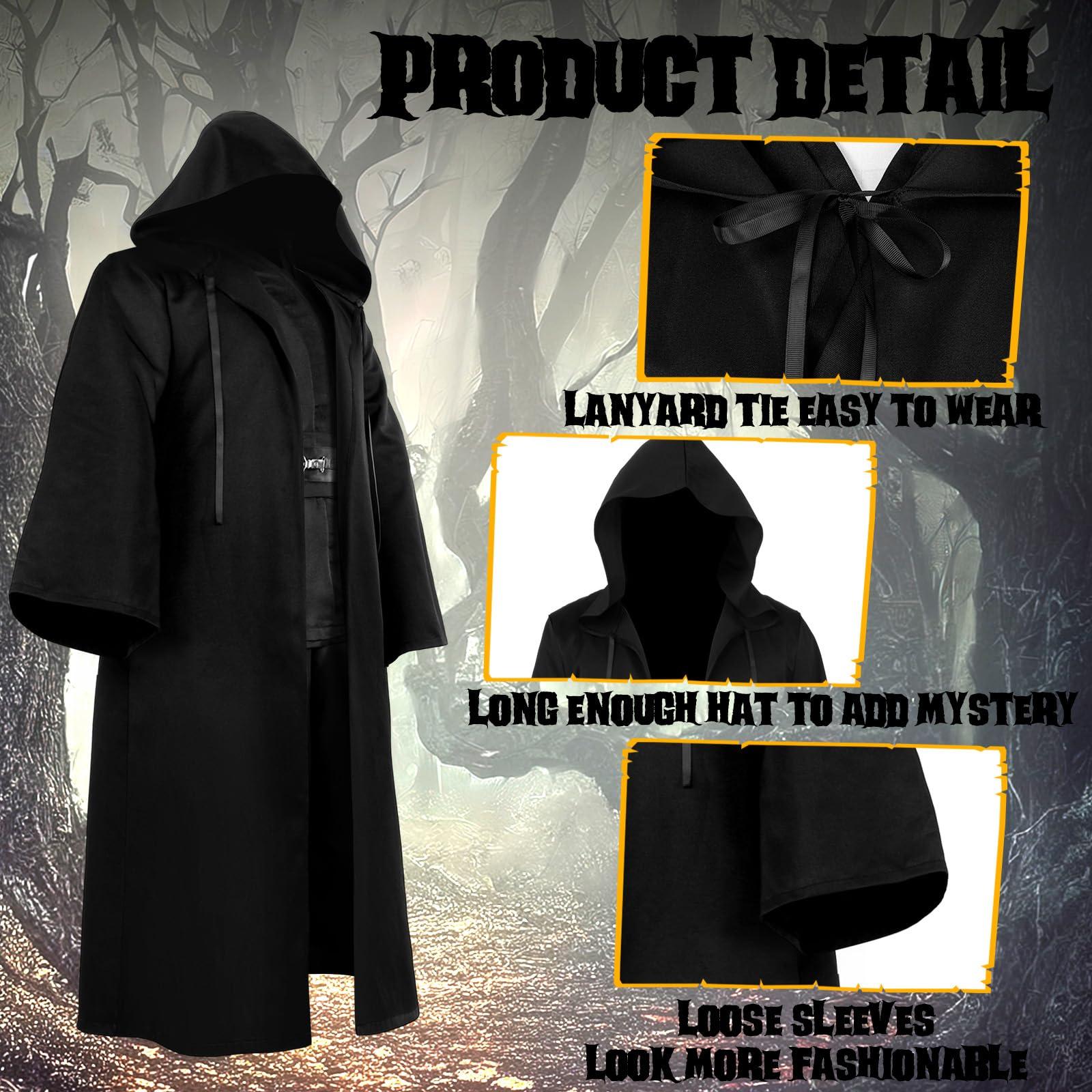 Hicarer Hooded Robe Cloak for Men Kid Halloween Wizard Costume Knight Cosplay Elven Cape Medieval Renaissance Costume (Black,XXL) 2