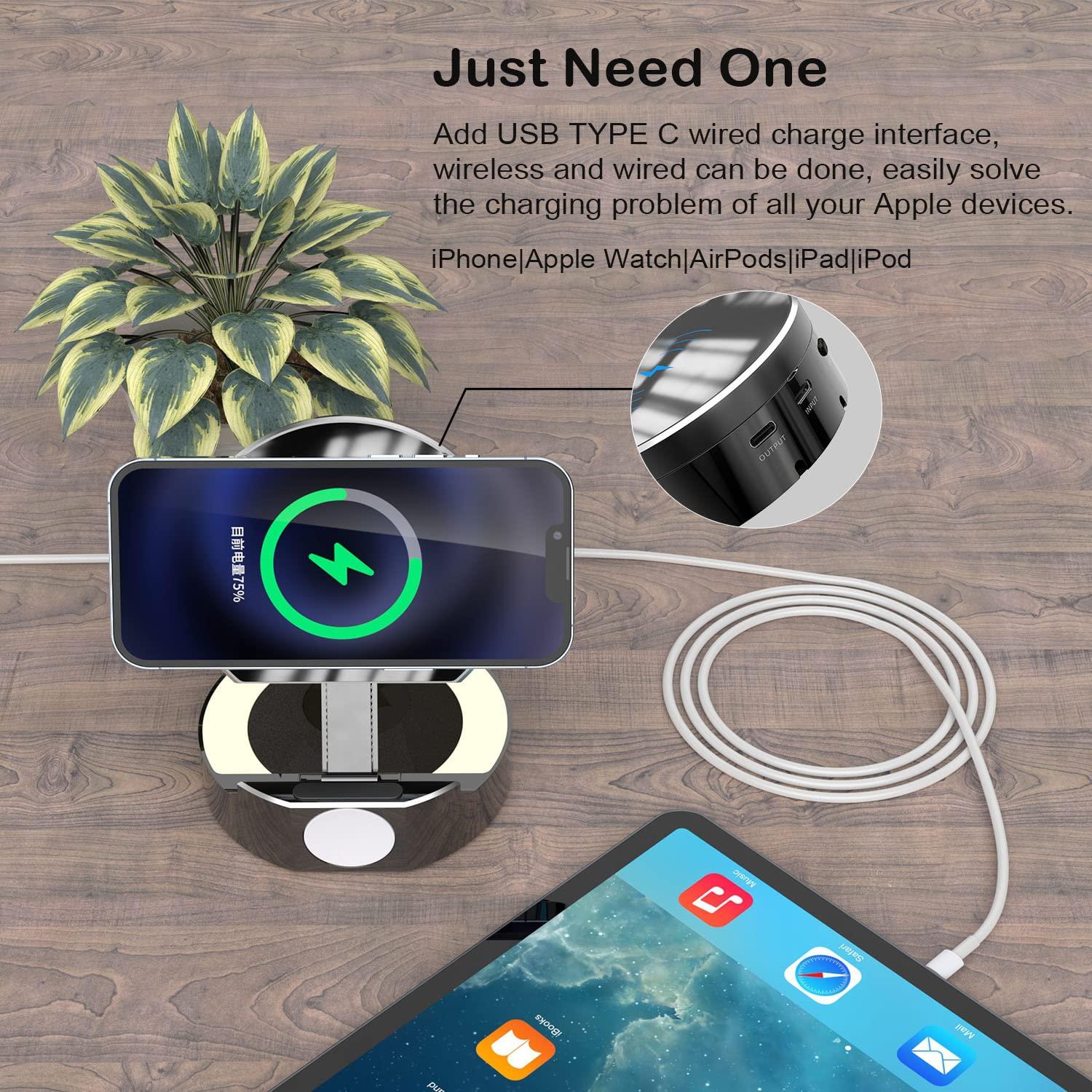 3 in 1 Metal Wireless Charger, Foldable Fast Charging Station Compatible with iPhone 15/14/13/12/11/Pro/Max/XS/XR/X/8, Apple Watch Series SE/7/6/5/4/3/2/1, AirPods Pro 1